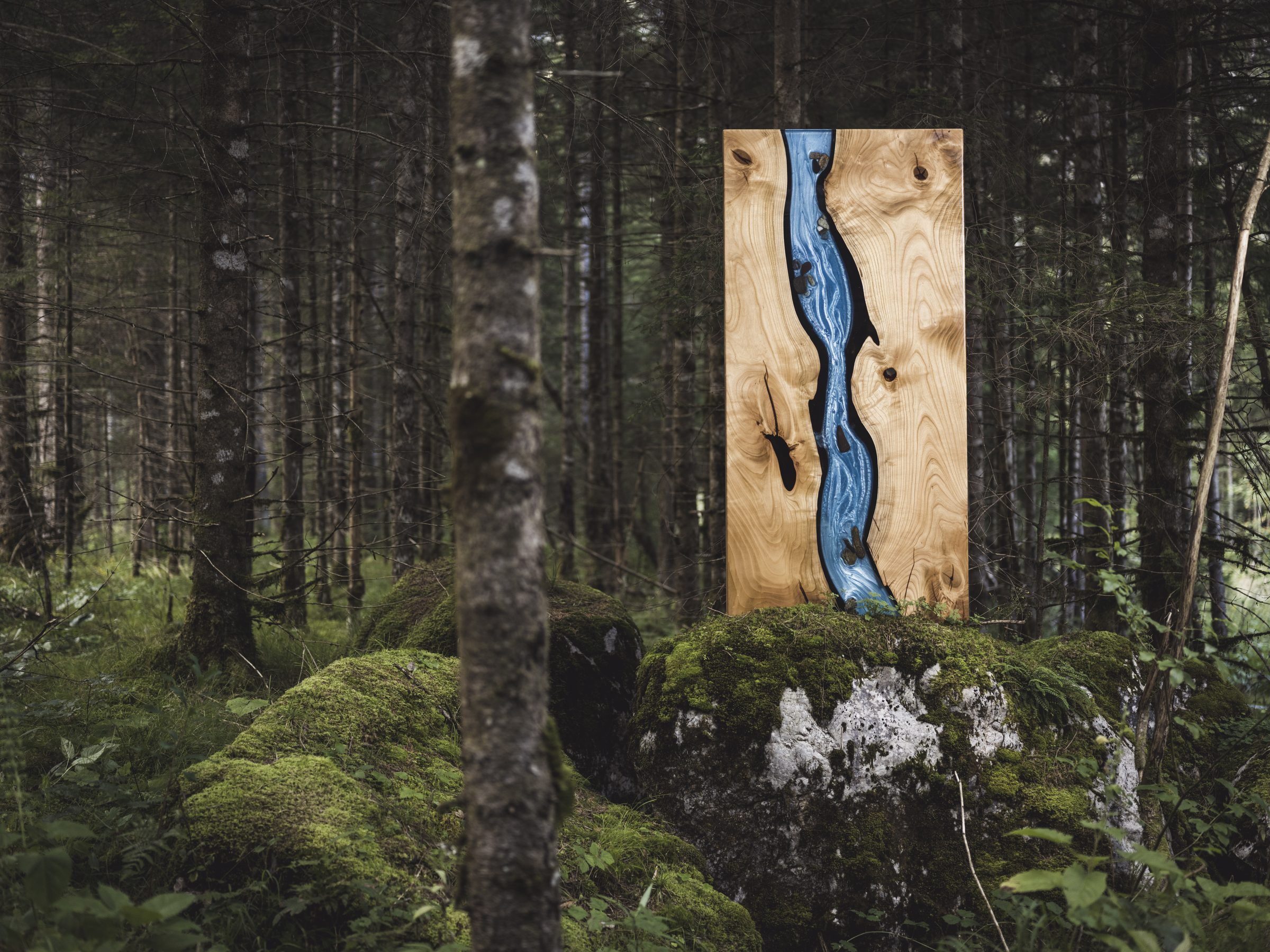 Tischplatte aufrecht auf einem moosbewachsenen Felsen