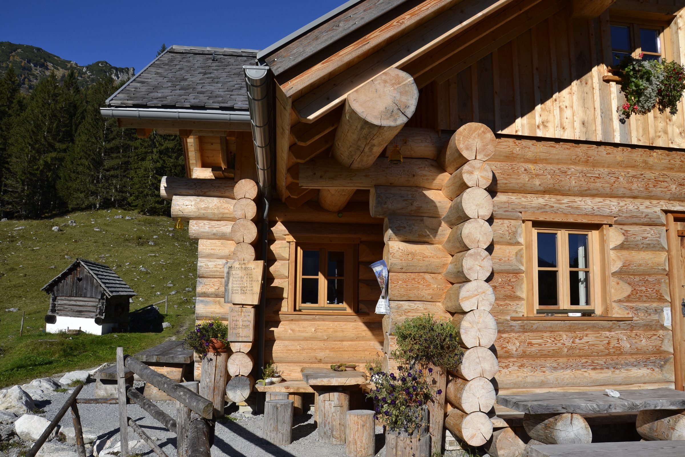 Seitenansicht der Hütte mit weitem Vordach und Rundholz-Pfetten