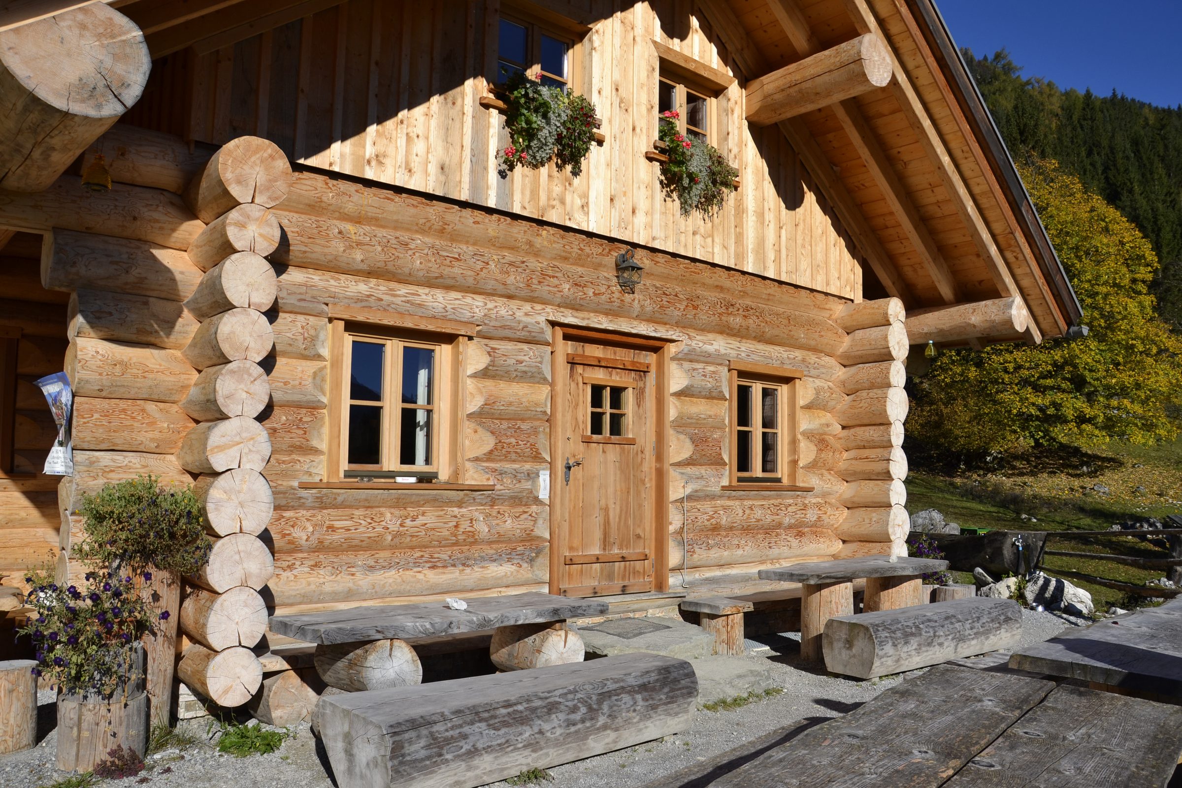 Eingang der Almhütte mit verkämmten Rundholzecken und Sitzbänken
